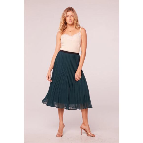 New Pleated Midi Skirt - Green A Line Elastic Waist - Career Cocktail - Picture 1 of 9